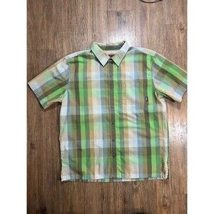 Patagonia Puckerware Shirt Mens Large Green Plaid Button Front Short Sleeve